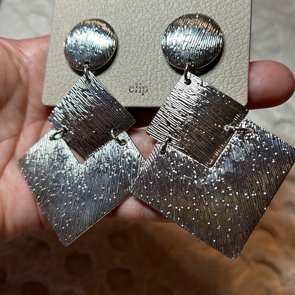 Set of 4 silver colored costume clip on earrings bundle 3 dangle and 1 hoop EUC - Picture 3 of 11